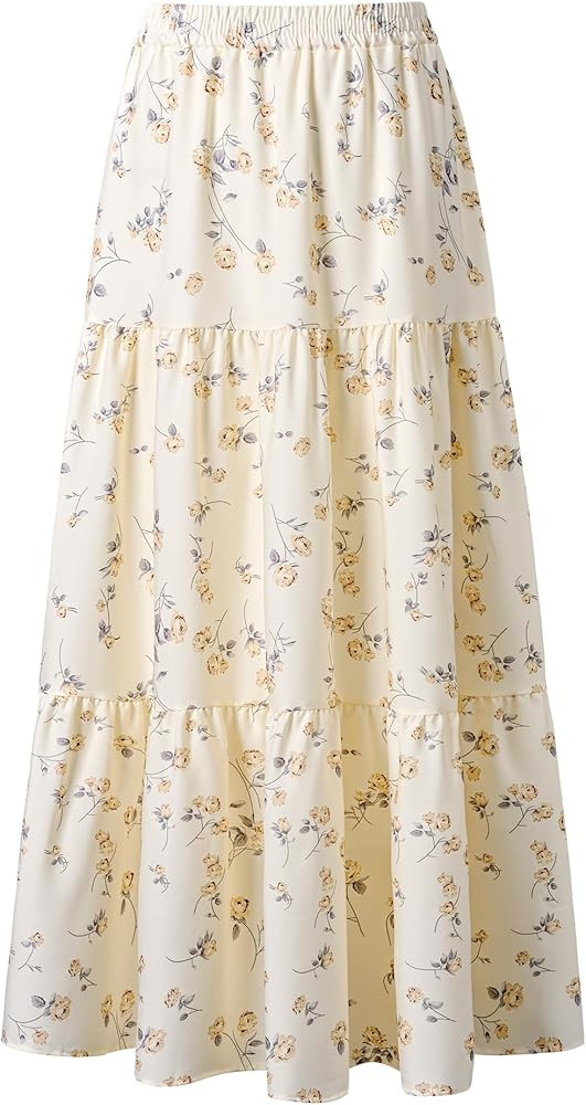 Maxi Skirt for Women Flowy Swing Tiered A-Line Fall Skirt Elastic High Waist Pleated Ruffle Long ... | Amazon (US)