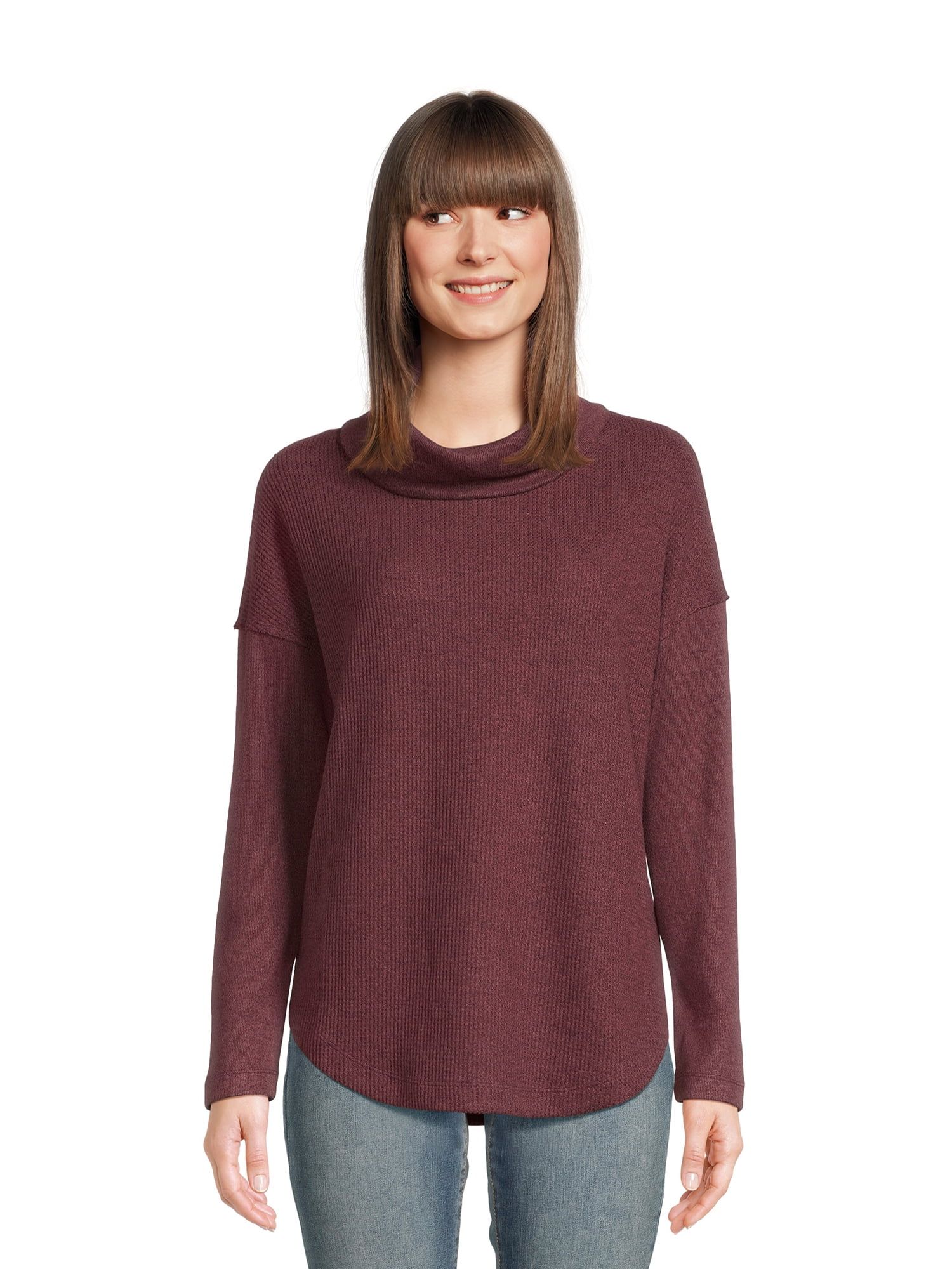 Time and Tru Women's Cowl Waffle Tunic with Long Sleeves, Sizes XS-3XL | Walmart (US)