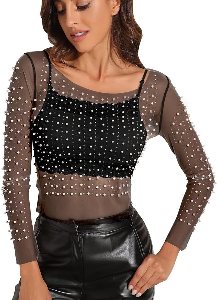 Modegal Women's Pearl Rhinestone See Through Long Sleeve Mesh Blouse One Piece Cover Up Crop Top | Amazon (US)