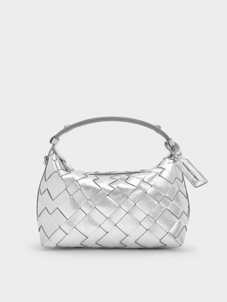 Ivette Metallic Woven Shoulder Bag - Silver | Charles & Keith US