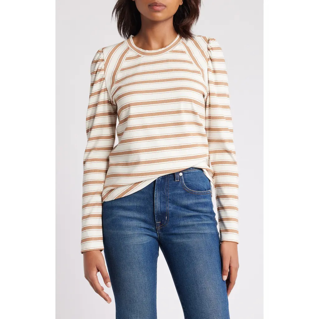 Wit & Wisdom Stripe Puff Shoulder Knit Top in Off White/Sahara Sand at Nordstrom Rack, Size Large | Nordstrom Rack