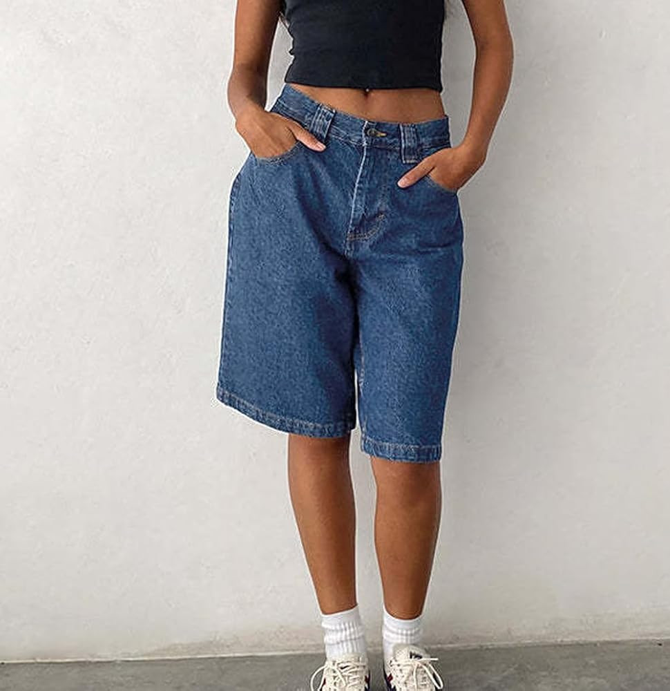 Xadsfeel Womens Bermuda Jean Shorts Low Rise Loose Denim Shorts Knee Length Casual Y2k Wide Leg Long Shorts,Blue,Small at Amazon Women\u2019s Clothing store | Amazon (US)