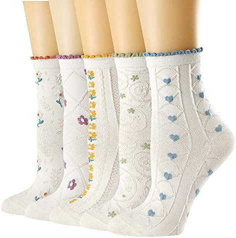 albagu Women's Crew Socks - Casual Cotton Cute Novelty Socks - Floral Ankle Socks - 5 Pack (White... | Amazon (US)