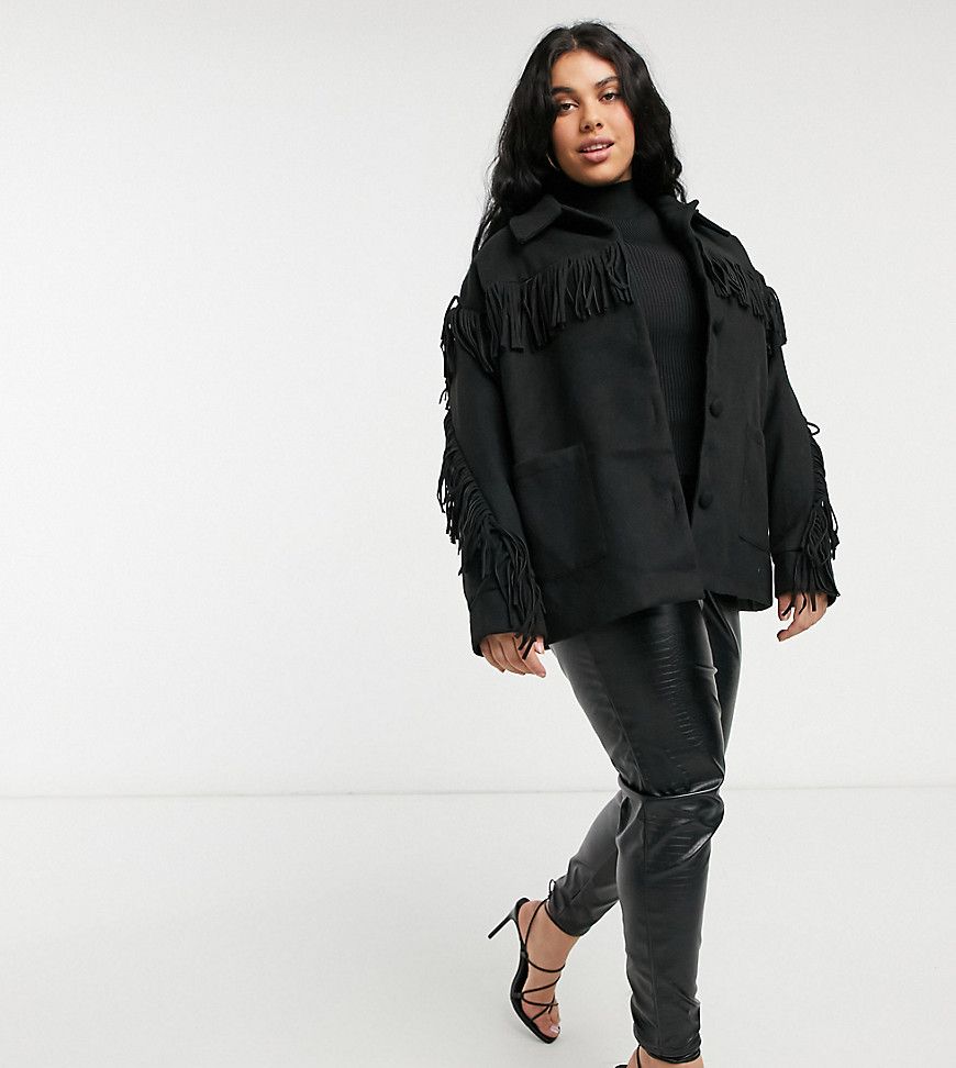 In The Style Plus x Megan Mckenna fringe jacket in black | ASOS (Global)