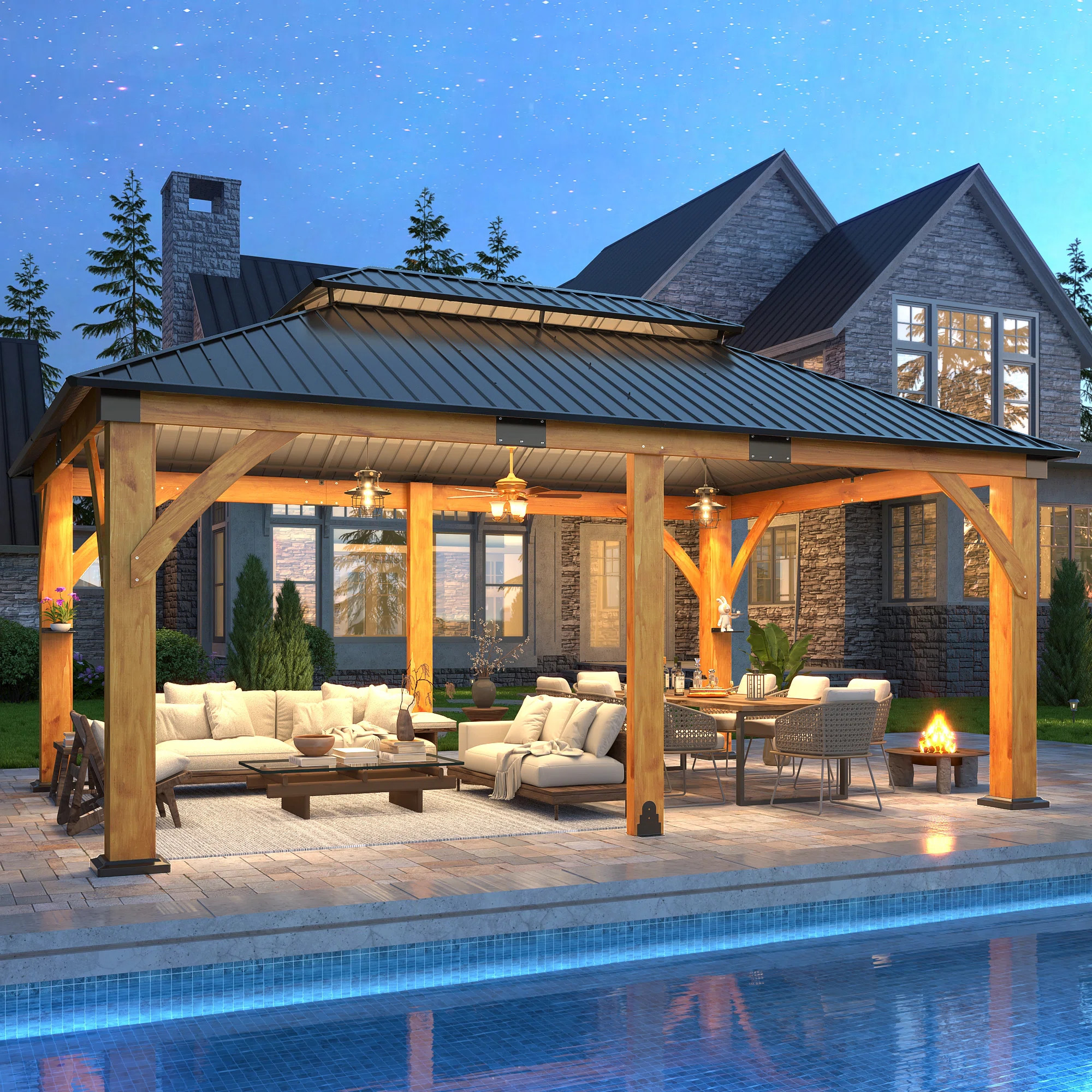 20 ft. W x 12 ft. D Outdoor Spruce Wood Gazebo with Galvanized Steel Double Roof | Wayfair North America