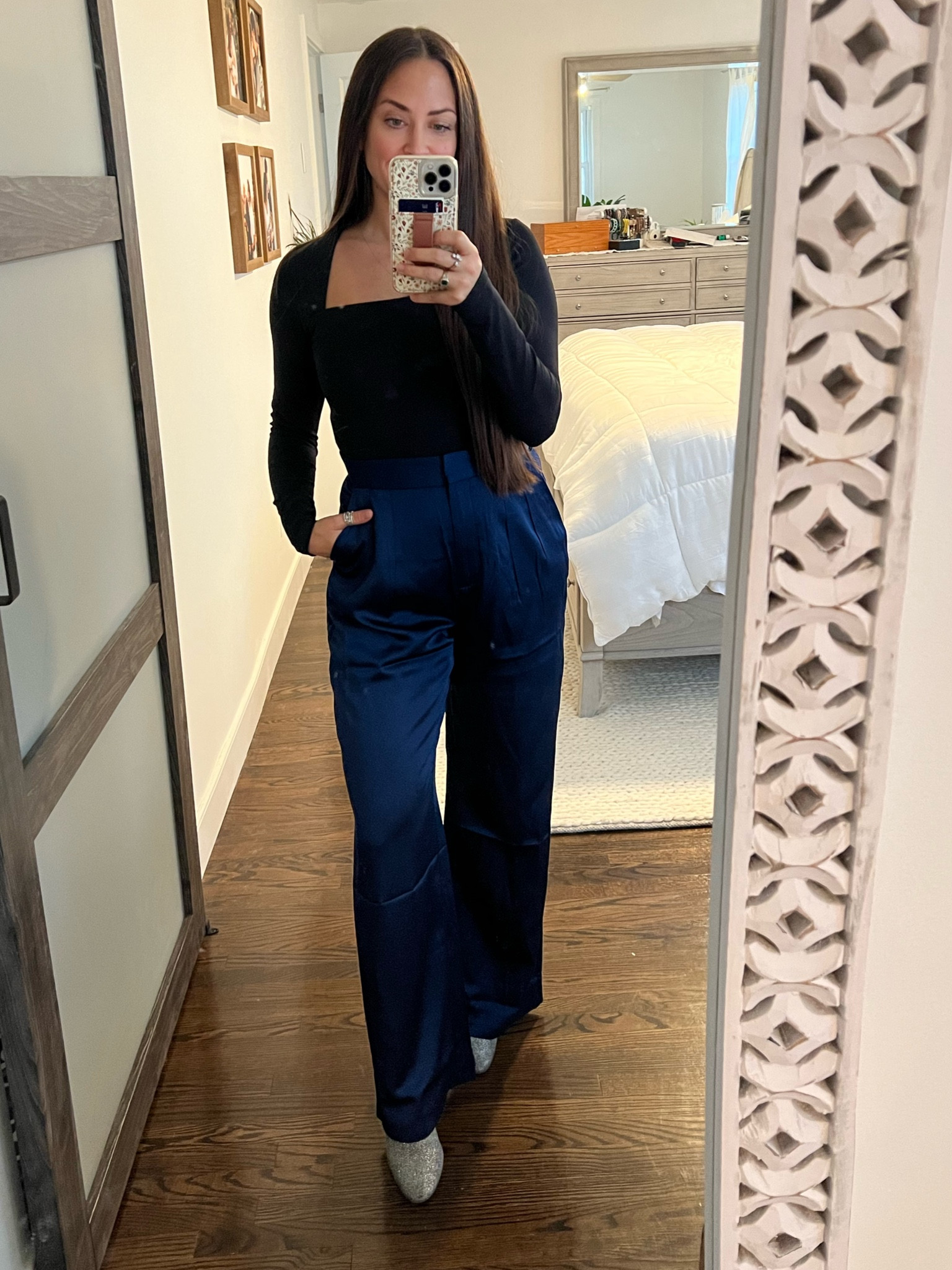 #LTKxAF sale! Abercrombie satin blue pants and back thong bodysuit. Holiday outfit / Christmas outfit / Christmas party / holiday party outfit 

#LTKxAF #LTKsalealert #LTKHoliday