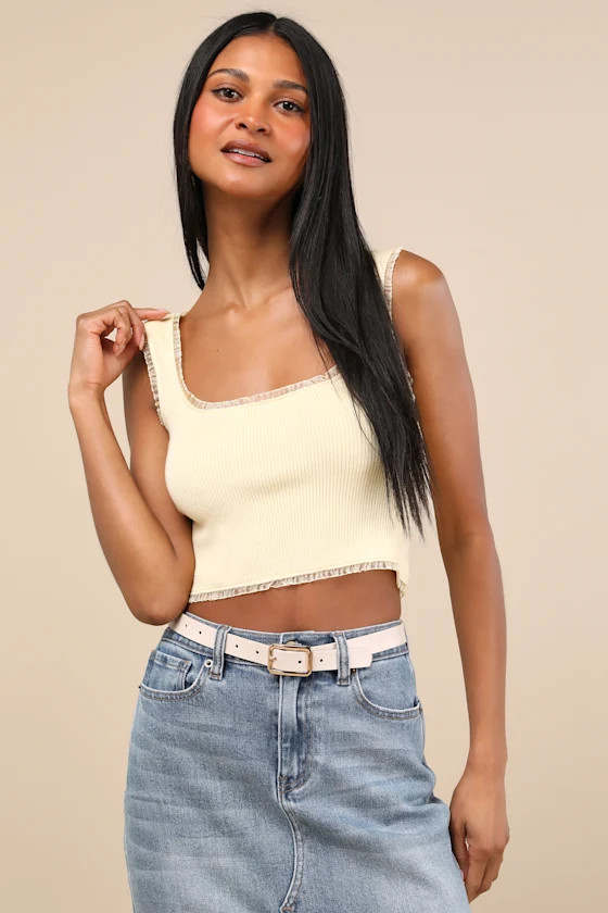 Josepha Light Yellow Ribbed Knit Ruffled Crop Tank Top | Lulus