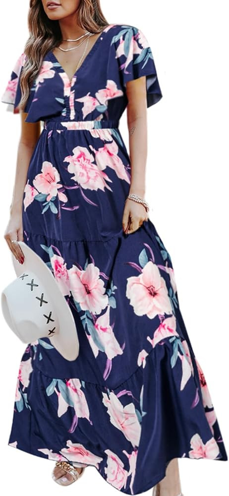 Amegoya Women's Casual Short Sleeve V Neck Floral Maxi Dresses Boho Beach Photoshoot Flowy Ruffle... | Amazon (US)