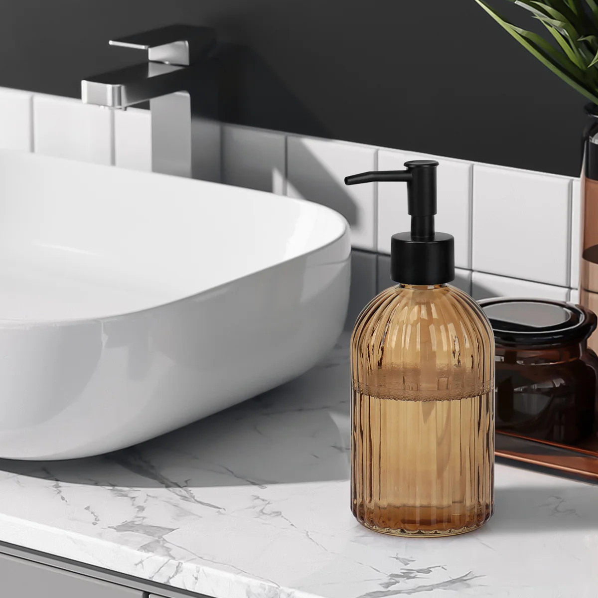 13.5oz Stripe Glass Soap Dispenser with Black Plastic Pump, 400ml Liquid Hand Soap Dispenser, Rus... | Wayfair North America
