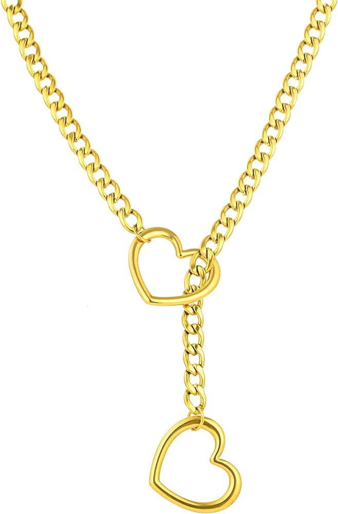 sroyte Heart Slip Chain Necklaces for Women,Stainless Steel O-Ring Adjustable Lariat Y-Necklace,P... | Amazon (US)