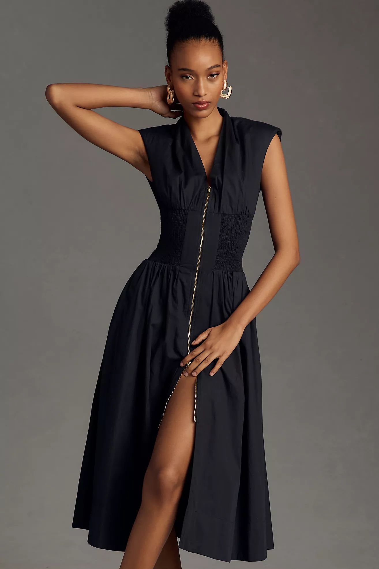 The Tommie Cap-Sleeve Smocked Front-Zip Shirt Dress | Anthropologie (US)