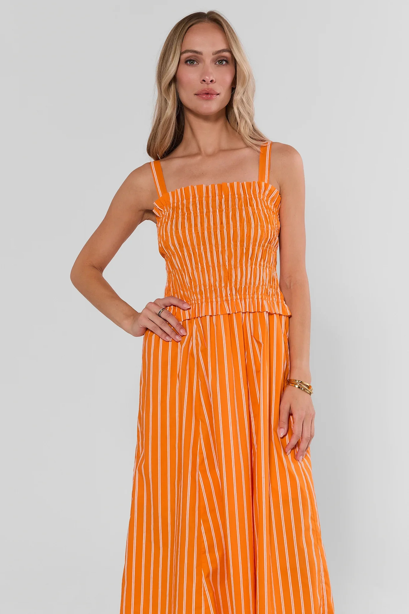Orange Striped Smocked Midi Dress | Avara