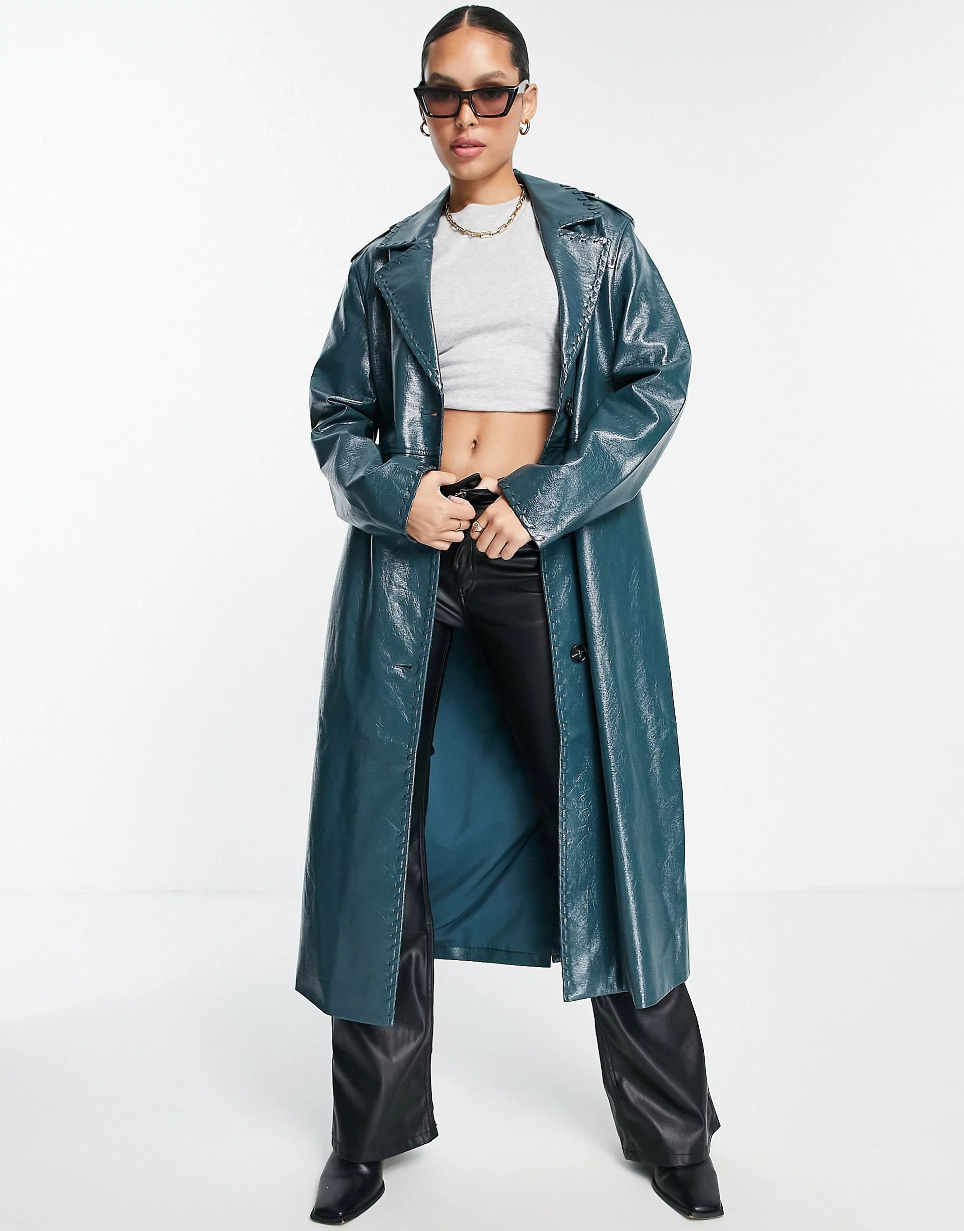 4th & Reckless patent leather look longline coat in petrol blue | ASOS (Global)