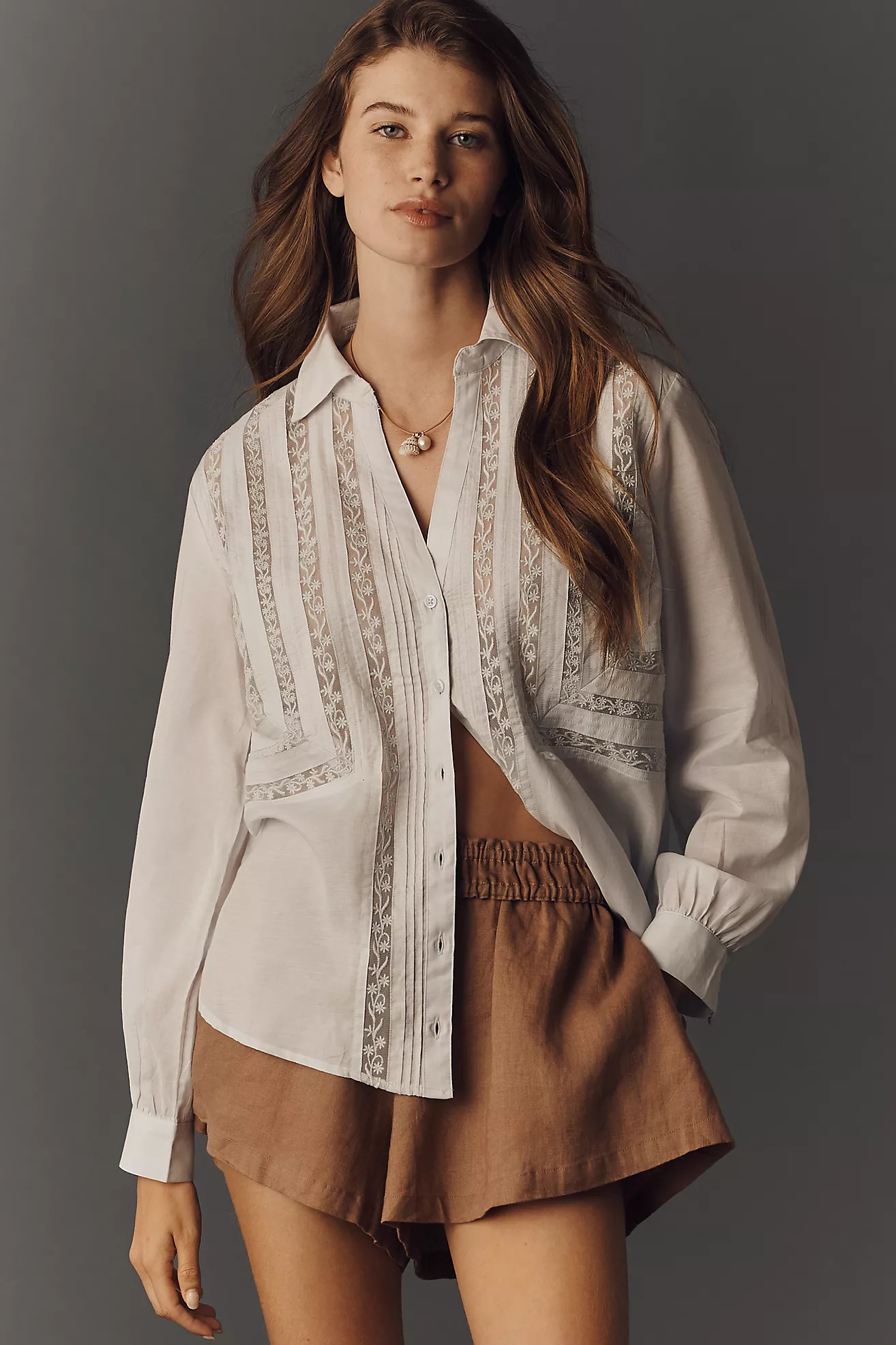 By Anthropologie Lace Inset Long-Sleeve Buttondown Top | Anthropologie (US)