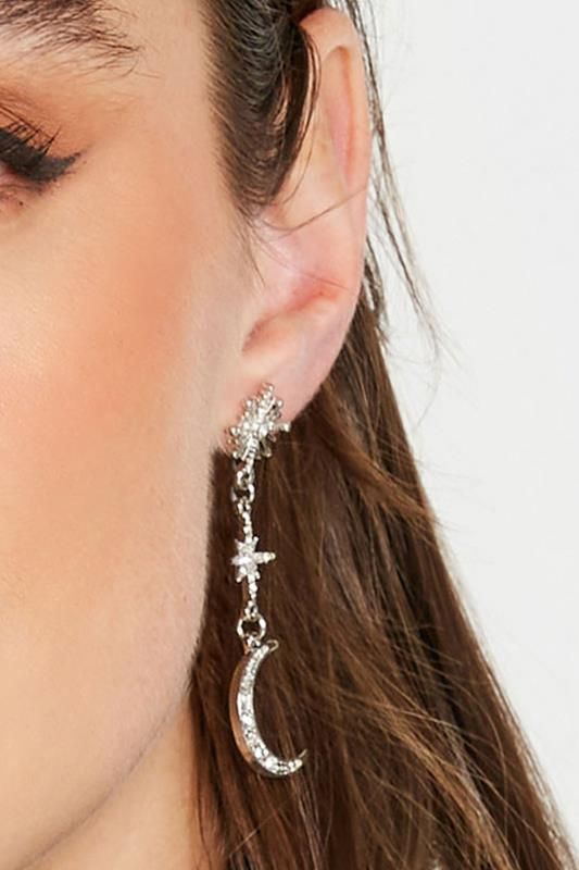Yours Silver Diamante Star & Moon Earrings | Long Tall Sally