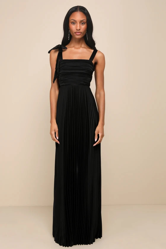 Gorgeous Purpose Black Satin Pleated Sleeveless Bow Maxi Dress | Lulus