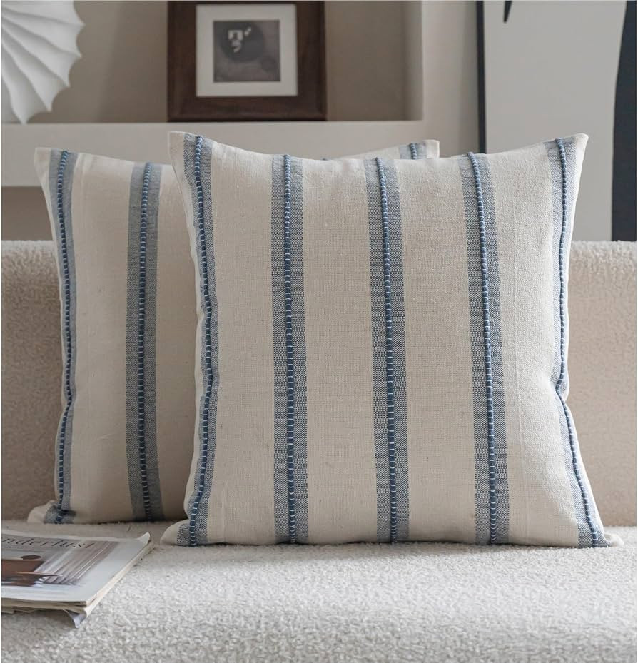 Cethom Boho Throw Pillow Covers 18x18 Set of 2, Beige and Blue Striped Decorative Pillow Cases fo... | Amazon (US)