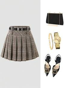 Women Fashionable Plaid High Waist Pleated Mini Skirt, Elegant Loose Flattering | SHEIN