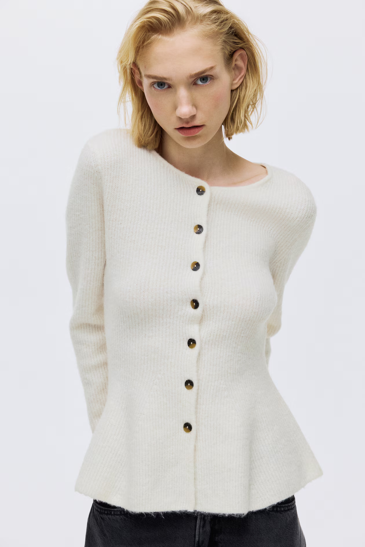 Rib-Knit Peplum Cardigan - Cream - Ladies | H&M US | H&M (US + CA)