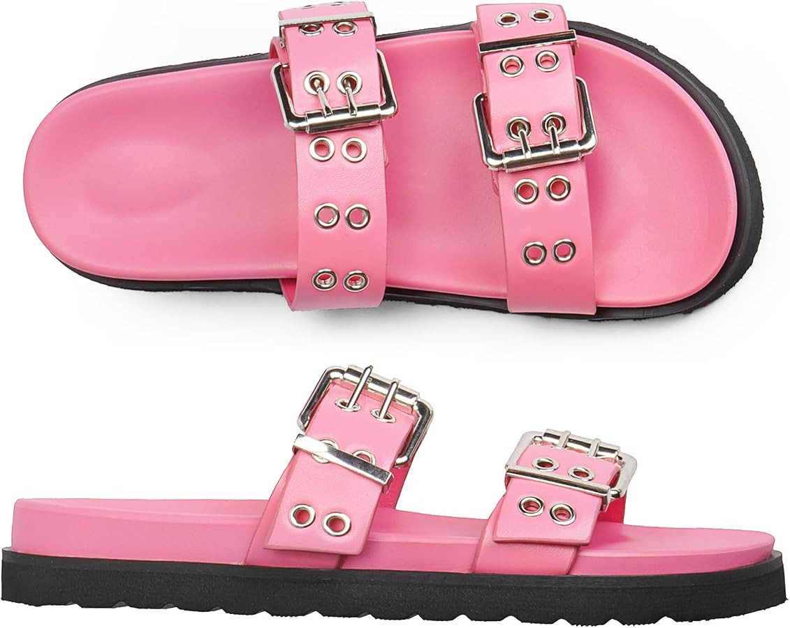 Modatope Womens Flat Sandals for Women Double Buckle Adjustable Slide Sandals Slip On Open Toe Pl... | Amazon (US)