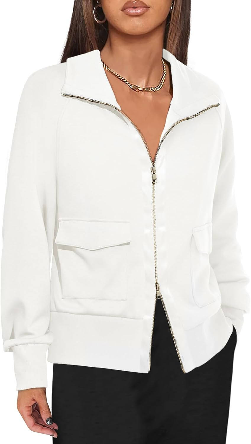 Fisoew Women's Zip up Sweatshirt Collared Neck Long Sleeve Loose Casual Lightweight Jacket with Pockets | Amazon (US)