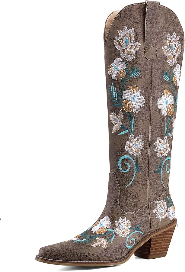 Women's White Cowboy Boots Knee High, Floral Embroidered Western Boots with Pointed Toe & Chunky ... | Amazon (US)