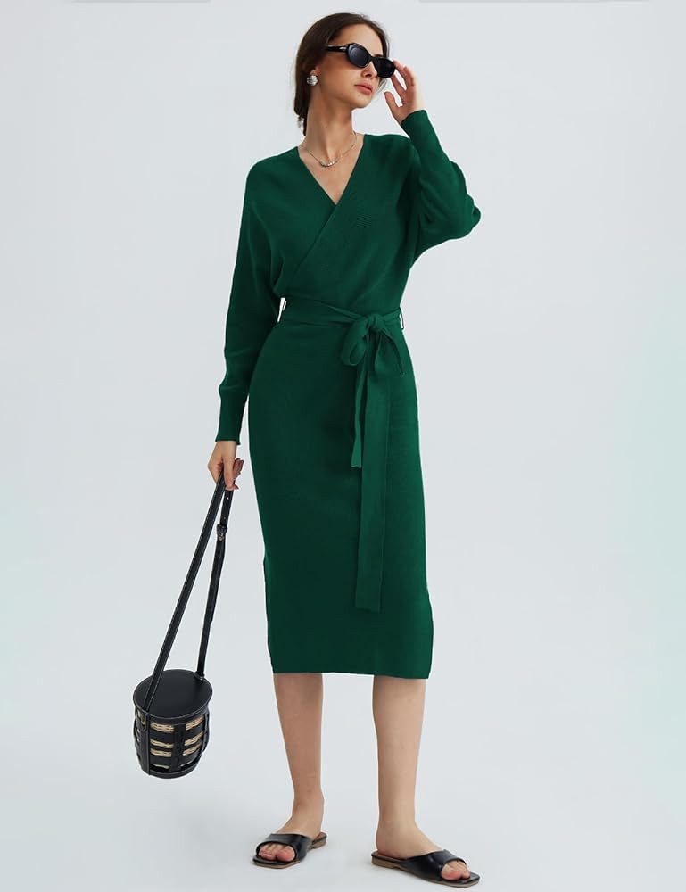 CHERFLY Women's V Neck Sweater Dresses Batwing Long Sleeve Backless Bodycon Long Dress with Belt | Amazon (US)