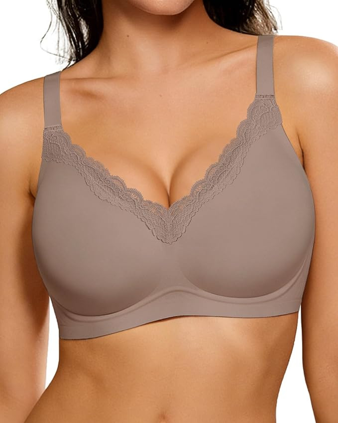 HORISUN Wireless No Underwire Bra for Women V-Neck Lace Trim Jelly Supportive Seamless Bra Comfor... | Amazon (US)
