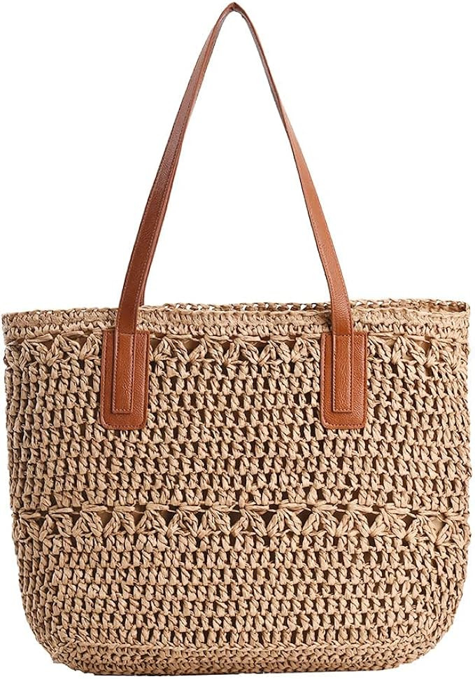 Straw Bag for Women Summer Beach Bag Soft Woven Tote Bag Large Rattan Shoulder Bag for Vacation | Amazon (US)