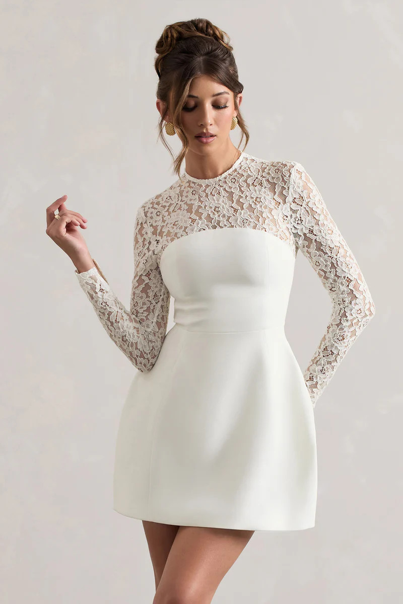 Birdie | White Lace Long-Sleeve Mini Dress | Club L London
