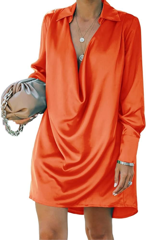 Halfword Satin Shirt Dress for Women Sexy Casual Deep V Neck Long Sleeve Button Down Loose Mini T... | Amazon (US)