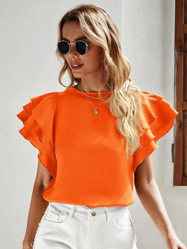 SHEIN Privé Neon Orange Layered Sleeve Keyhole Back Blouse | SHEIN