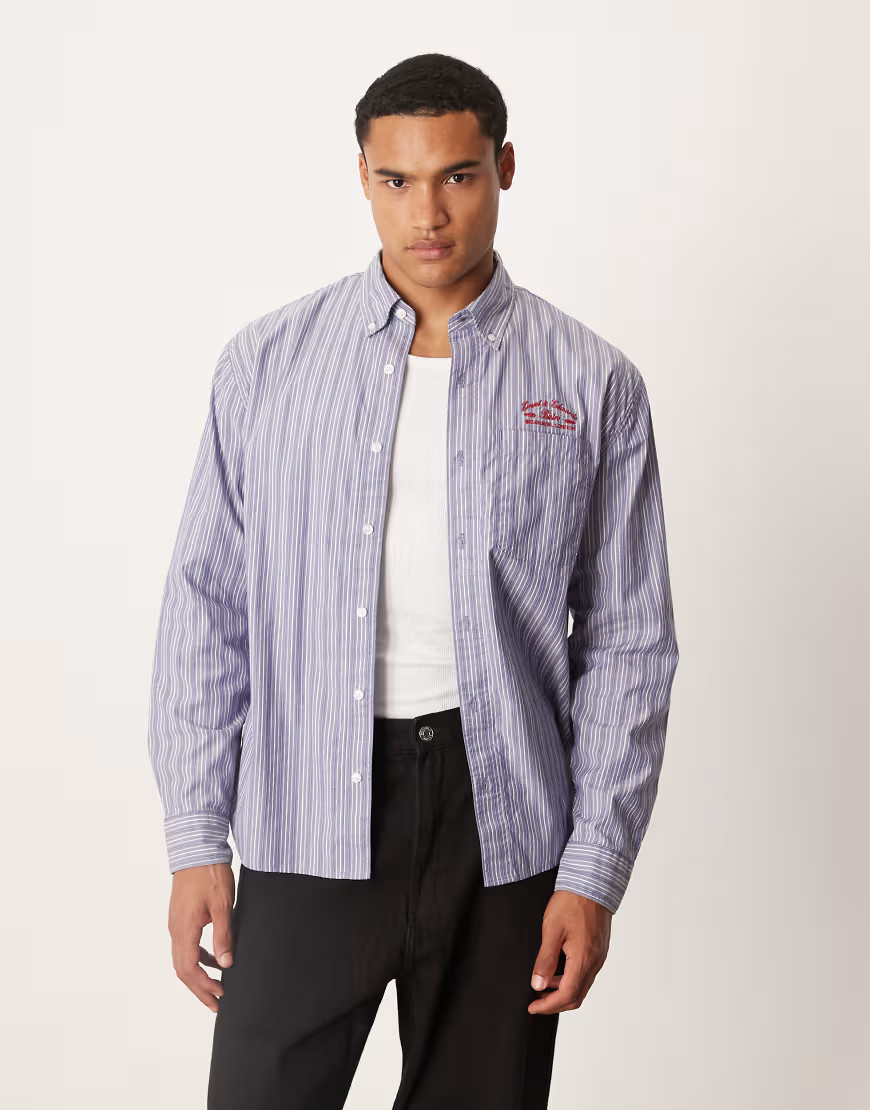Abercrombie & Fitch long sleeve preppy chest graphic shirt in striped blue-White | ASOS (Global)