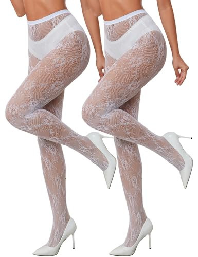 Gulinala 2 Pair Lace Tights for Women - Sexy Fishnet Stockings - Floral Lace Pantyhose - 2Pack White | Amazon (US)