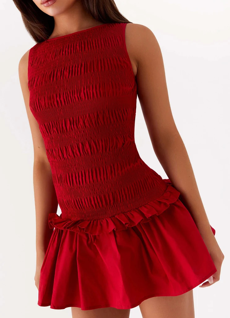 Garden Kisses Shirred Mini Dress - Red | Peppermayo (Global)