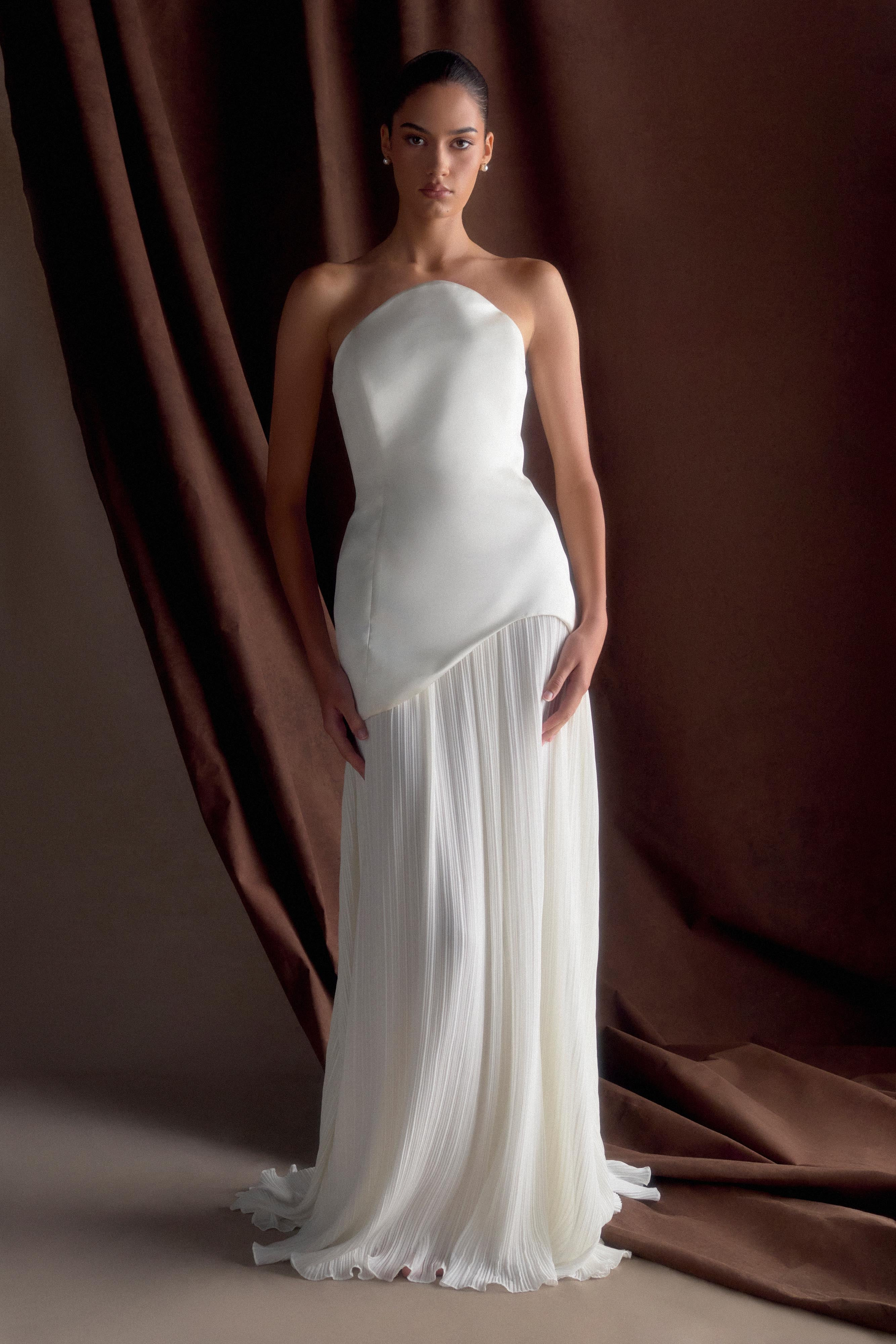 Juno Strapless Pleated Maxi Gown - White | MESHKI US