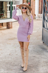 Reach Out To Me Lilac Cable Knit Wrap Sweater Dress | Pink Lily