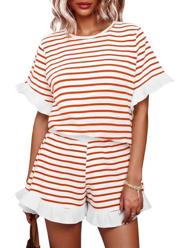 Tankaneo Womens 2 Piece Striped Shorts Set Ruffle Short Sleeve Tops Hight Waist Shorts Matching Sets Summer Vacation Outfits | Amazon (US)