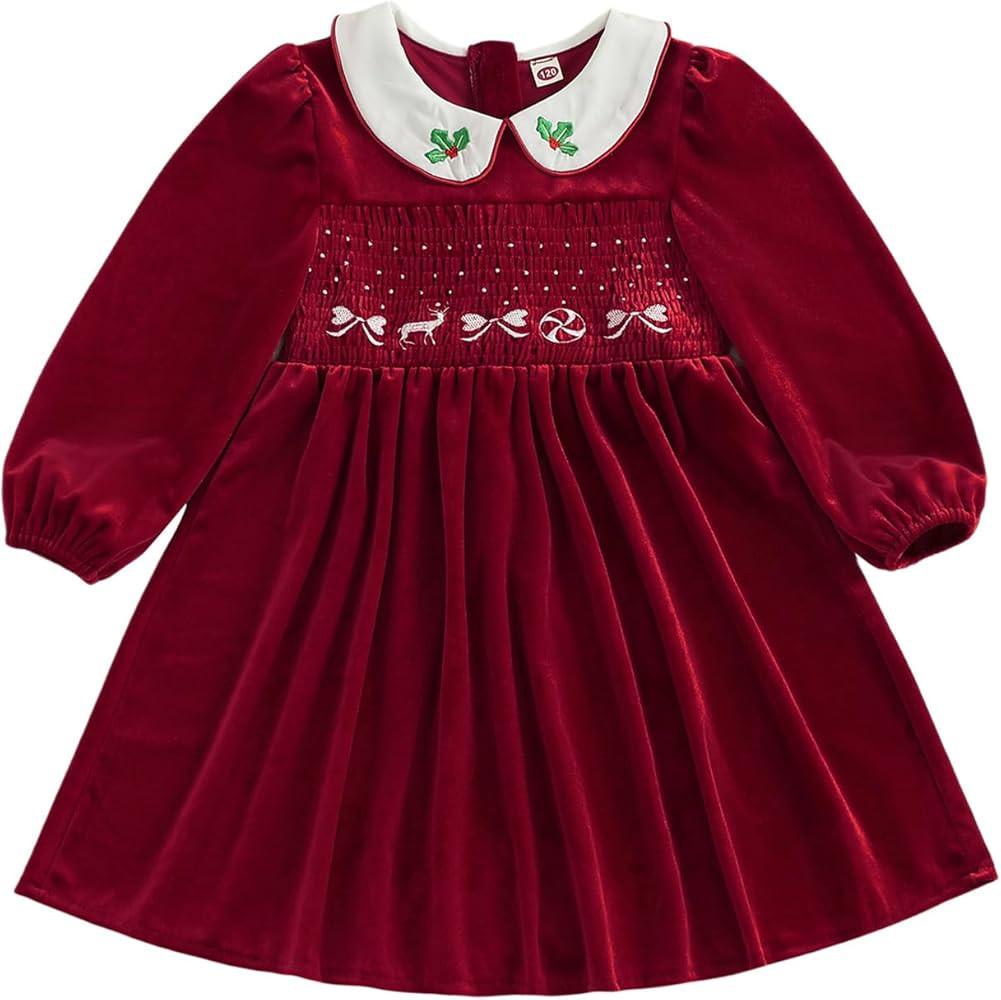 Toddler Girl Christmas Dress Velvet A Line Dress Doll Collar Embroidered Smocked Crew Neck Long S... | Amazon (US)