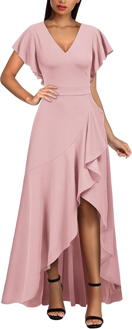 Miusol Women's Formal V Neck Ruffle Split Evening Party Long Dress | Amazon (US)