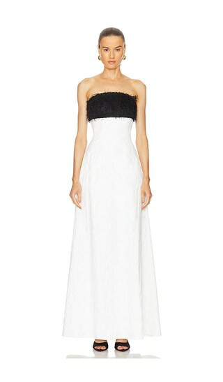 Quilla Dress in Jacquard & Black | White Maxi Dress | White Wedding Guest Dress | Revolve Clothing (Global)