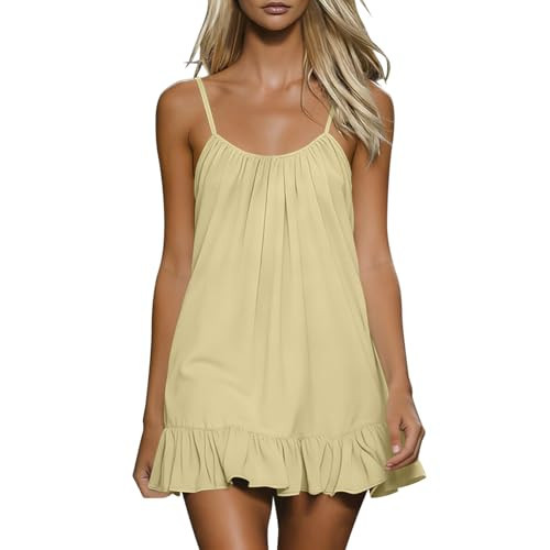 Beessbest Cotton Linen Mini Dress for Women Summer Spaghetti Strap Dresses Front Ruched Ruffled Hem Sundress Vacation Dress Beige | Amazon (US)