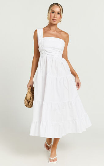 Stephanie Midi Dress - One Shoulder Tiered Midi Dress in White | Showpo (ANZ)
