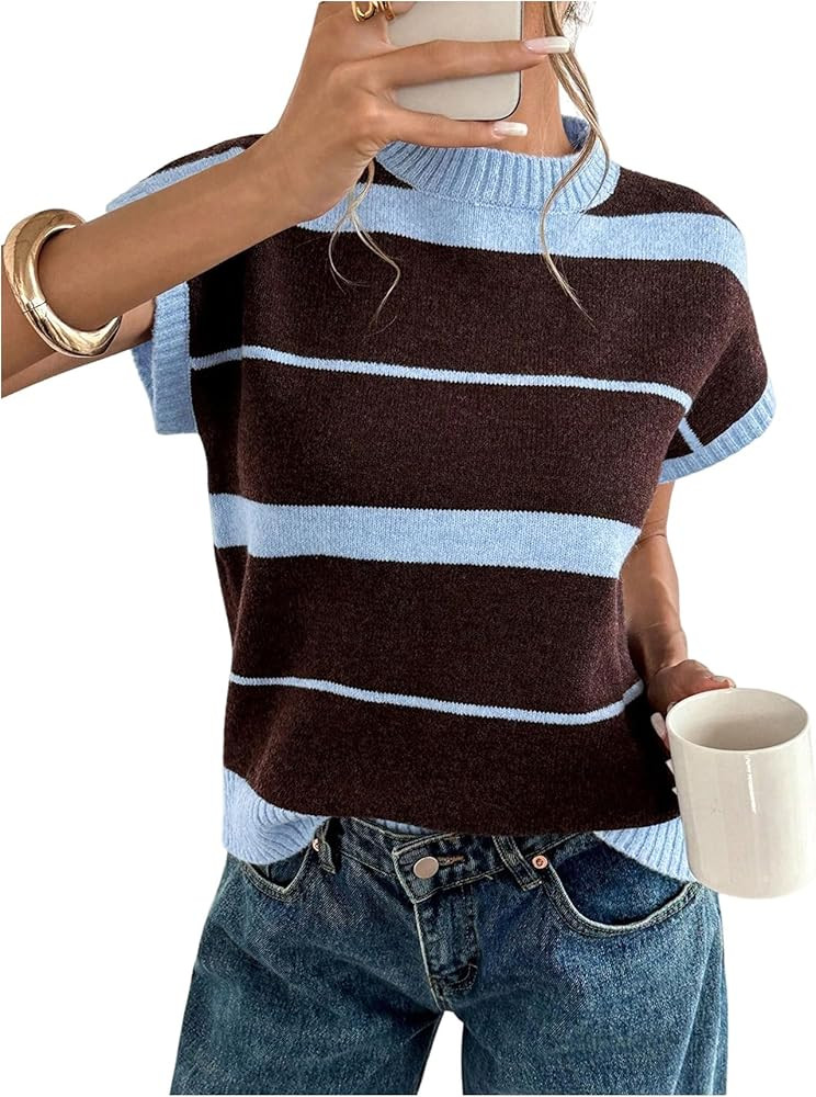 MakeMeChic Women's Striped Sweater Vest Dolman Sleeve Crew Neck Knit Lightweight Pullover Knit To... | Amazon (US)