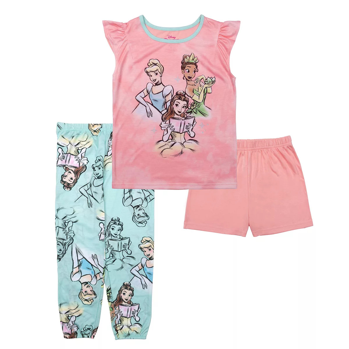 Disney's Cinderella, Tiana & Belle Girls 4-8 Water Color Princesses Pajama Top, Shorts & Pants Se... | Kohl's