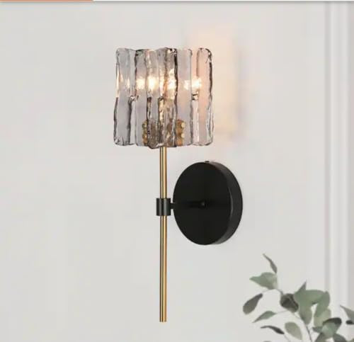 Modern Matte Black Wall Sconce with Gray Textured Glass Shade, Brass Accent | Amazon (US)