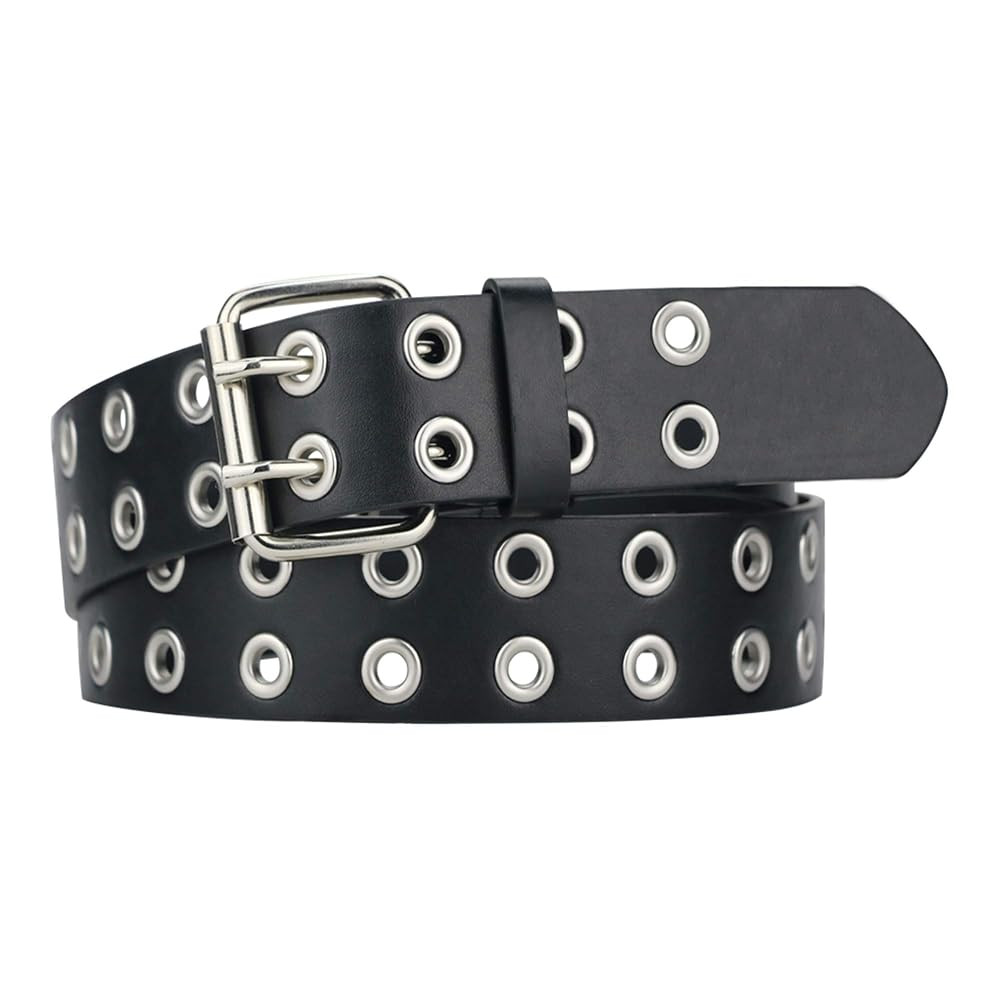 Grommet Leather Belts for Women, Black Belt Women Men with Double Holes | Amazon (US)