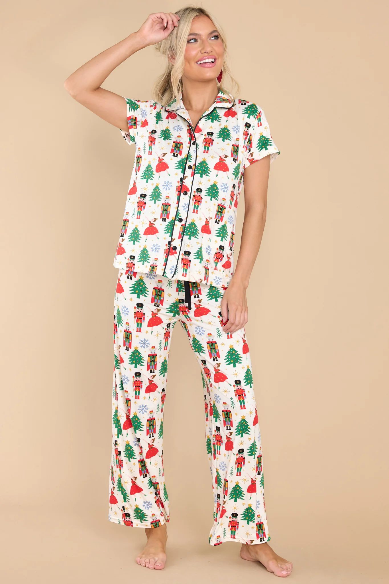 My Secret Santa Ivory Print Pajama Top | Red Dress 