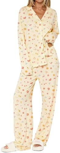 Dressmine Ladies Long Sleeve Cute Pajama Sets 2 Piece Fall Outfits Button Up Pjs Set Loungewear | Amazon (US)
