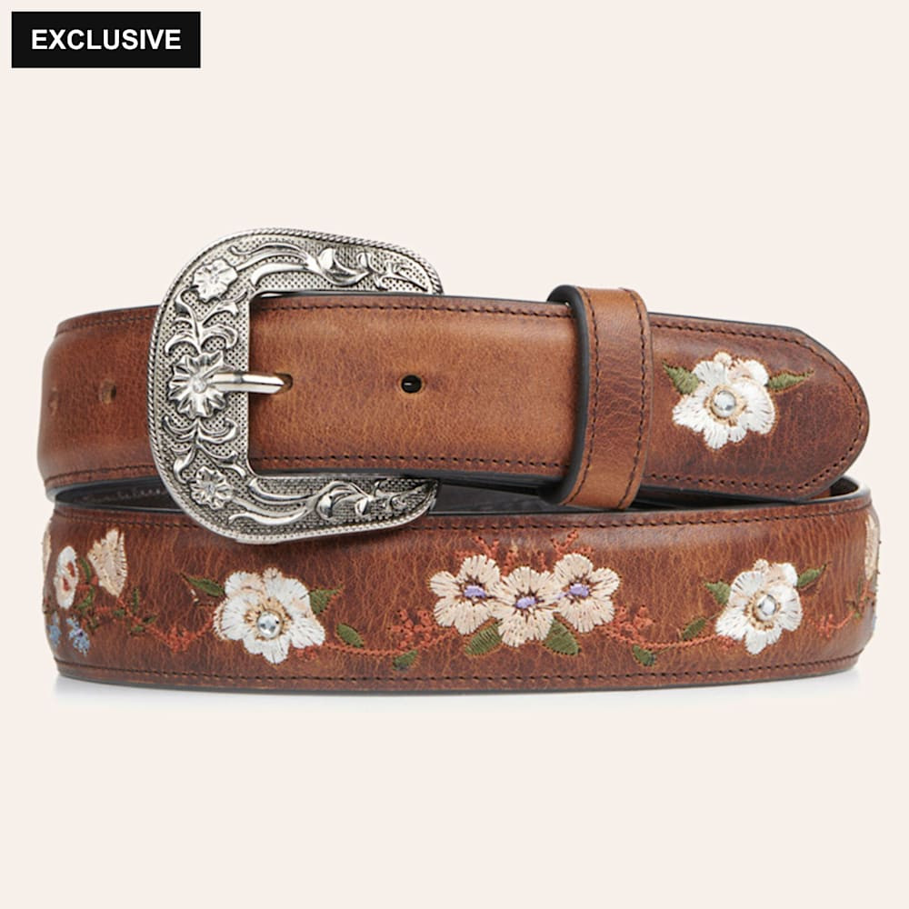 Cavender's Women's Tobacco Rust Brown with Floral Embroidery Leather Belt | Cavender's